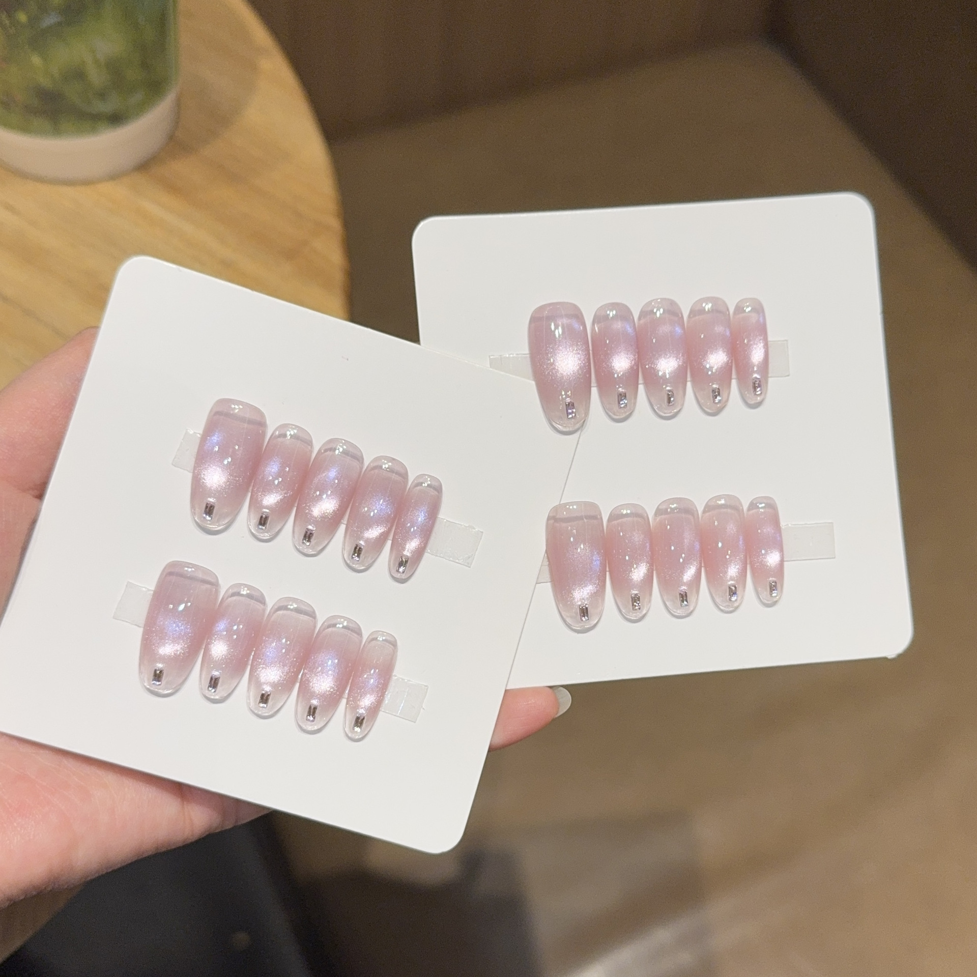 Nail Art Cat Eye Pink - 10pcs Handmade Long Oval Press On