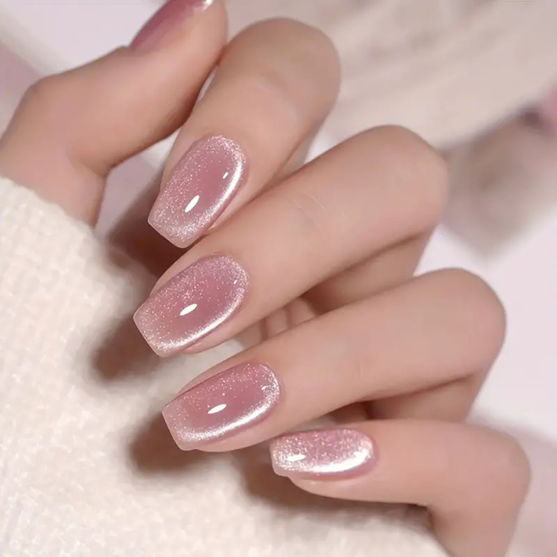Nail Art Cat Eye Pink - 24pcs Short Square Ballet Fake Nails