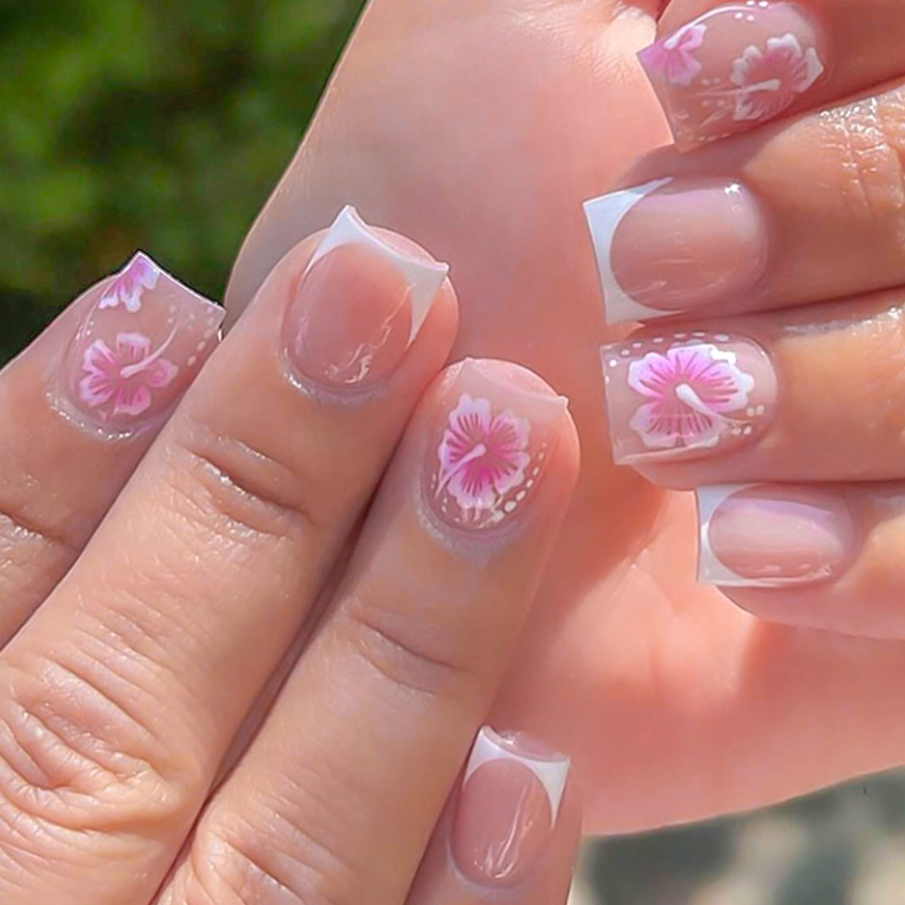 Nail Art Aesthetic - 24Pcs French Flower False Nails Pink