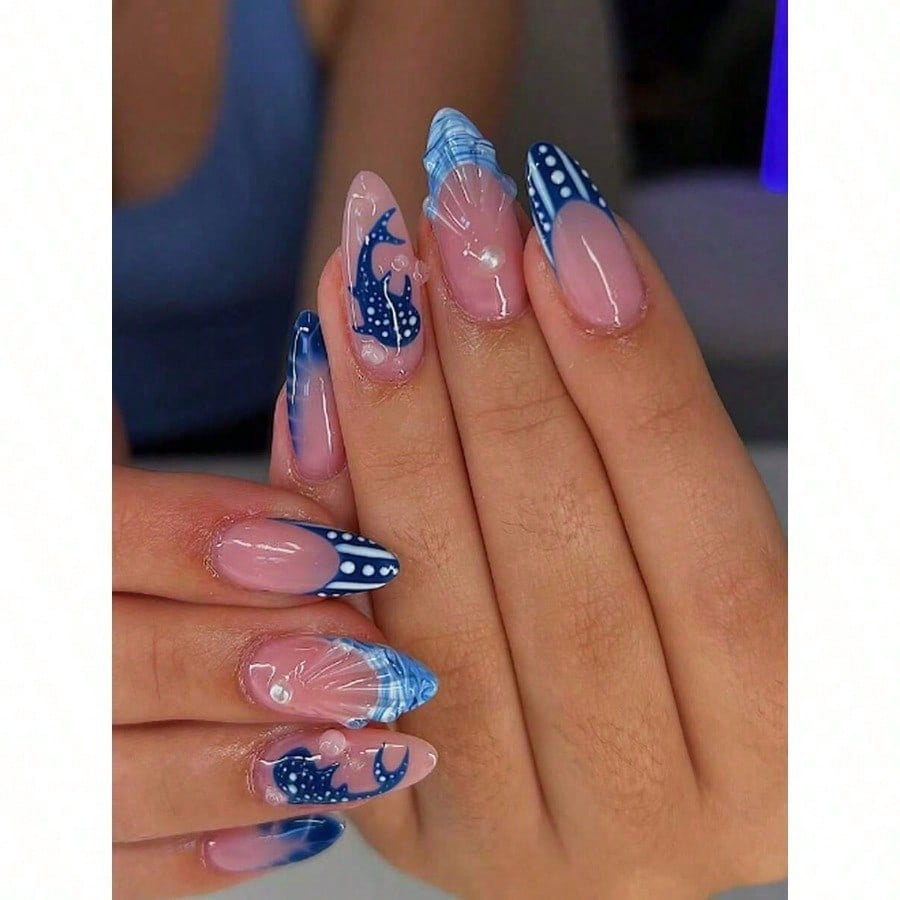 Nail Art Jelly - 24pcs/Set French Almond-Shaped Ocean Style 3D