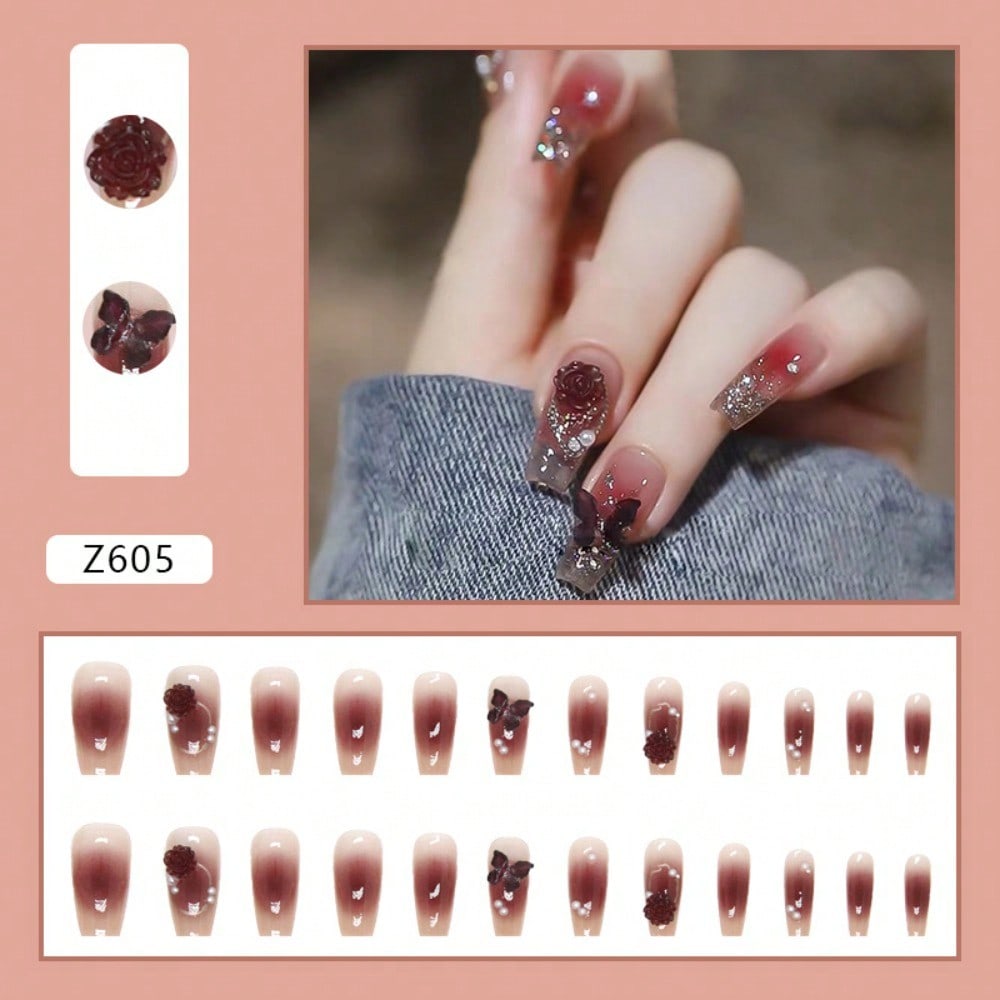 24Pcs Red Rose Butterfly Press - Nail Art Aesthetic recension och pris
